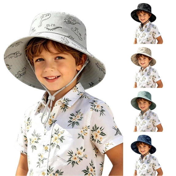 Vrotazzy Kids Summer Dino Print Wide Brim Sun Hat for Baby Toddler Boys Girls Outdoor Beach Travel Everyday,Sizes 2-4 Years