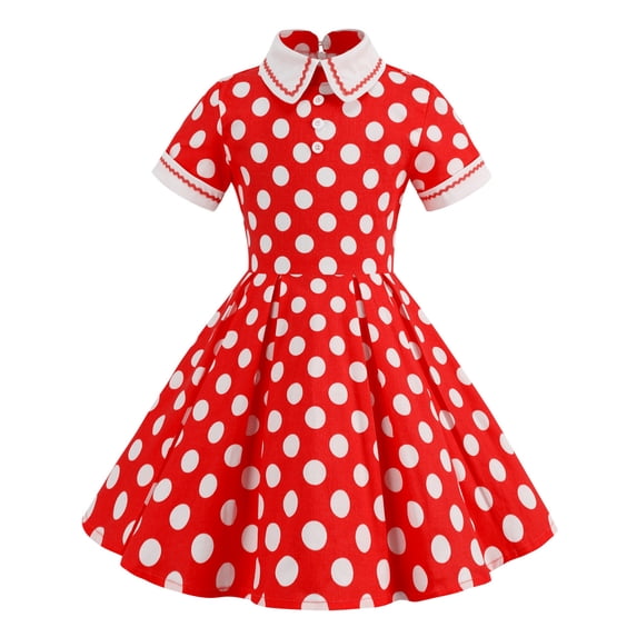 Vrotazzy Polka Dot Swing Dress for Girls with Turn Down Collar Short Sleeve Party and Casual Wear,11-12 Years