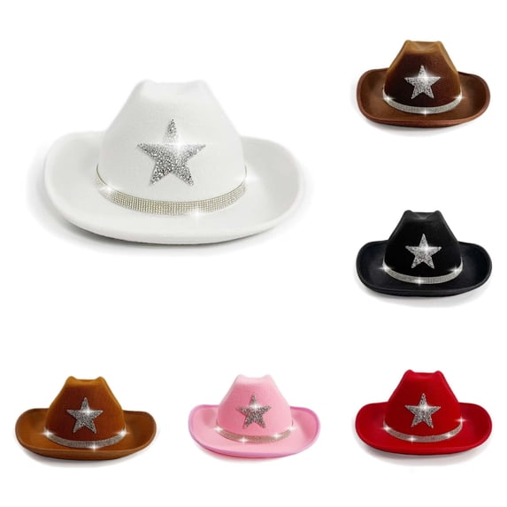 Vrotazzy Sparkly Star Cowboy Hat for Kids Western Party Festival Sun Outdoor Play for Girls And Boys Childrens Caps Carnival Christmas School Casual Wear