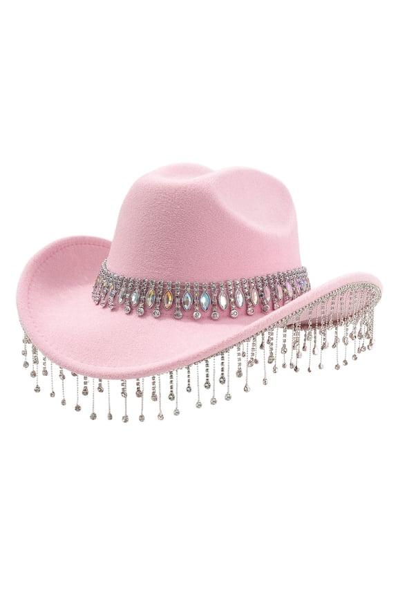 Stylish Cowboy Hat for Women And Men Western Large Round Fringe Rhinestone Decorations Parties Events,Sizes One Size