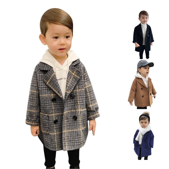 Vrotazzy Toddler Elegant Boys Trench Coat Girls Double Notched Wool Plaid Jacket Kids Baby