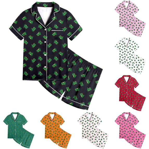 Vrotazzy Toddler Girl Pajamas,Adorable Dinosaur Print Girls Set Short Sleeve Button Down Pajamas Shorts Outfit Kids Nightwear,6-7 Years