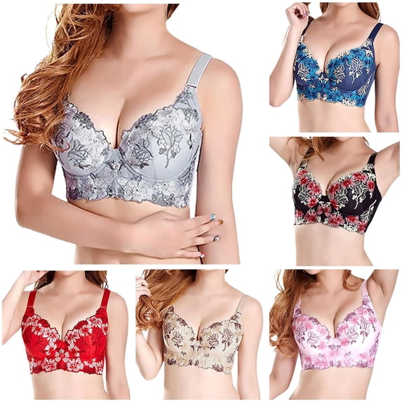 Vrotazzy Women's Embroidered Adjustable Push Up Bra Lace Unlined Underwire Corset Bustier Sheer Mesh Backless Balconette Demi Cup
