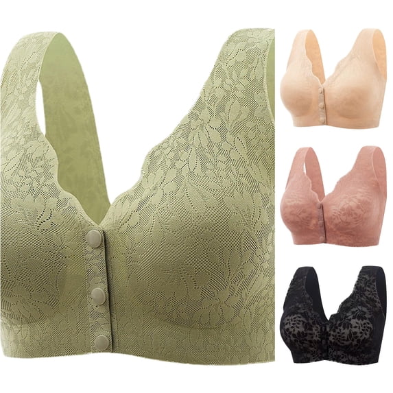 Vrotazzy Women's Front Open Button Top Up Comfortable Traceless Lace Plus Size Gathered Drop Bra