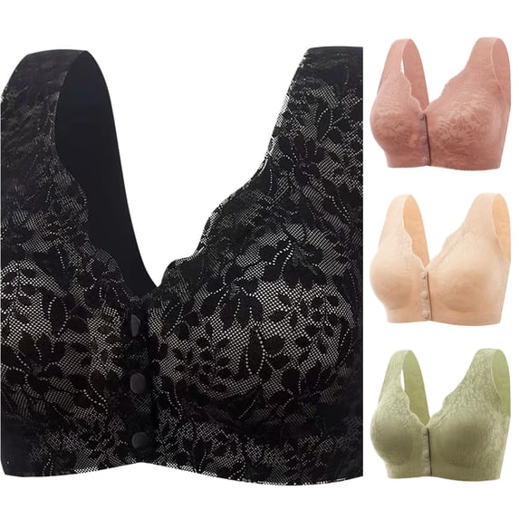 Vrotazzy Women's Front Open Button Top Up Comfortable Traceless Lace Plus Size Gathered Drop Bra
