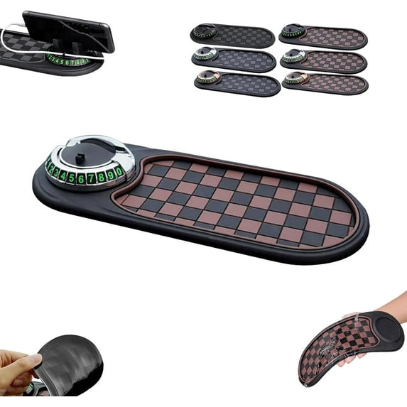 Vrsgs Car Phone Mat, Multifunction Car Anti-Slip Mat Auto Phone Holder, Rotatable Anti Skid Car Dashboard Mount with Temporary Parking Number, Large Storage for Phones, Glasses, Keys (Brown-C)