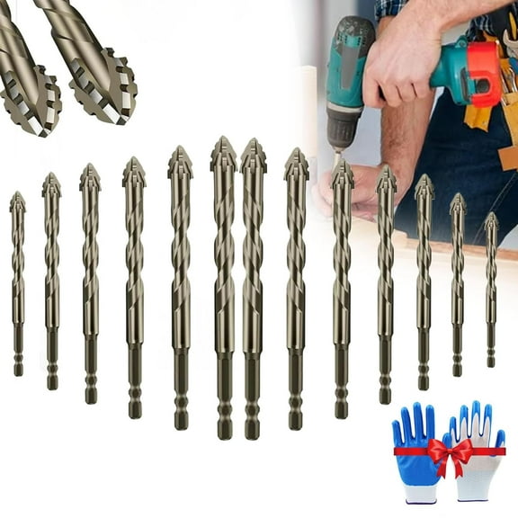 Vrsgs Drill Bits, Vrsgs 4 Flute Drill Bit Set, High-Strength 4-Flute Serrated Eccentric Drills Bit Kit, Four Blade Serrated Eccentric Drills Bits, for Stone, Glass, Wood, Metal (13pcs)