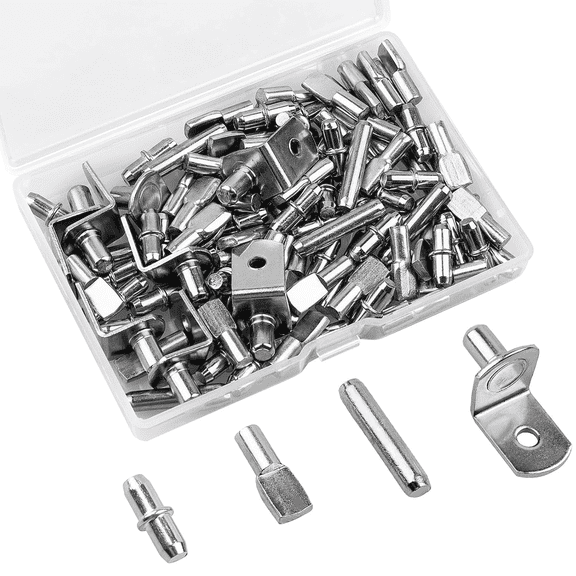 Vruelia 100Pcs Shelf Pegs for Shelves, 4 Styles Pins Kitchen Cabinet Pegs,Shelf Holders Pegs, Bookshelf Silver