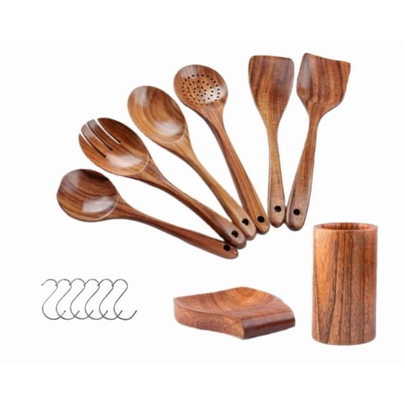 Vruelia 13Pcs Wooden Utensil Set with Holder, Vruelia Natural Teak Wood Kitchen Utensil Set ,Spoons and Spatula Set with Spoon Rest, Nonstick Kitchen Cookware, Brown