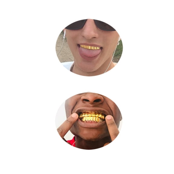 Vruelia 18K Plated Gold Teeth Plated Gold Finish 8 Top Teeth 8 Bottom Tooth Hip Hop Mouth Grills for Men and Women