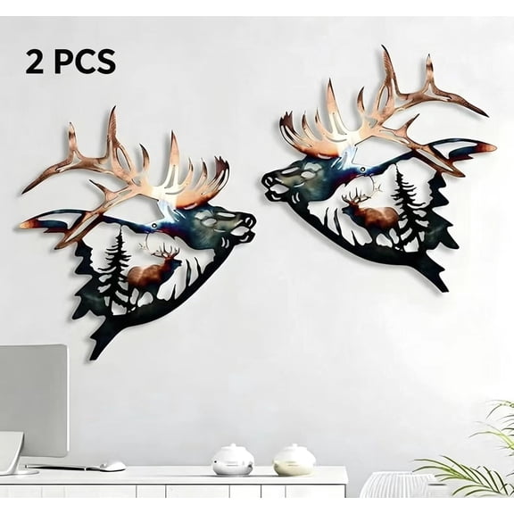 Vruelia 2 Pack Rustic Metal Wall Art Decor Cabin Hunting Decor Deer Hanging Hobbyists Wildlife Pictures in Western iron