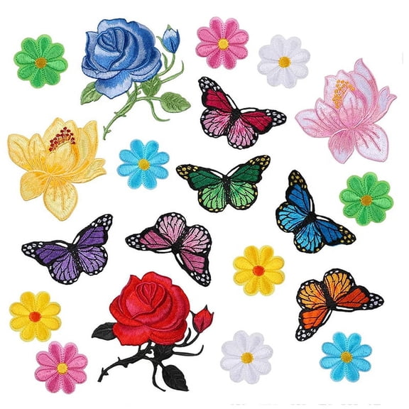 Vruelia 20 Pcs Flowers Butterfly Iron on Patches Sew on Embroidery Applique Patches for Arts Crafts DIY Decor,Jeans,Jackets,Bags