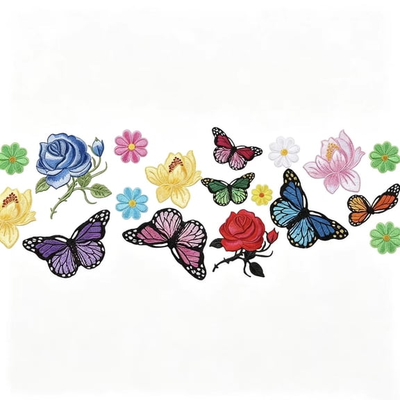 Vruelia 20 Pcs Flowers Butterfly Iron on Patches Sew on Embroidery Applique Patches for Arts Crafts DIY Decor,Jeans,Jackets,Bags