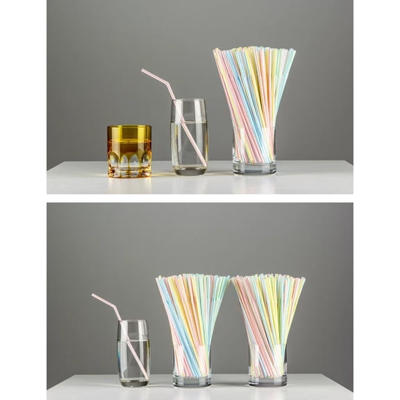 Vruelia 200-Pcs Flexible Drinking Straws Plastic Disposable Bendy Striped Straws - 8.2" High-Multicolor