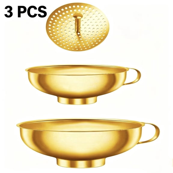Vruelia  3-Pack Stainless Steel Canning Funnel with Strainer - Golden Wide & Regular Mouth Funnels for Mason Jars - Essential Kitchen Canning Supplies Kit