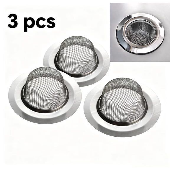 Vruelia 3 Pcs Stainless Steel Kitchen Mesh Silver Sink Strainer Large Wide Rim 4.5" Diameter, for Kitchen Sinks