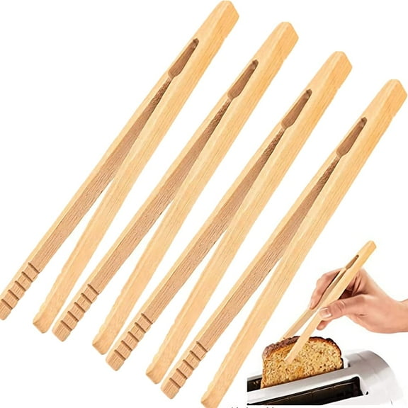 Vruelia 4/8 Pack Bamboo Toaster Tongs - 7” Reusable Wood Cooking Tongs -Ideal Kitchen Utensil for Cheese Bacon Muffin Fruits Bread