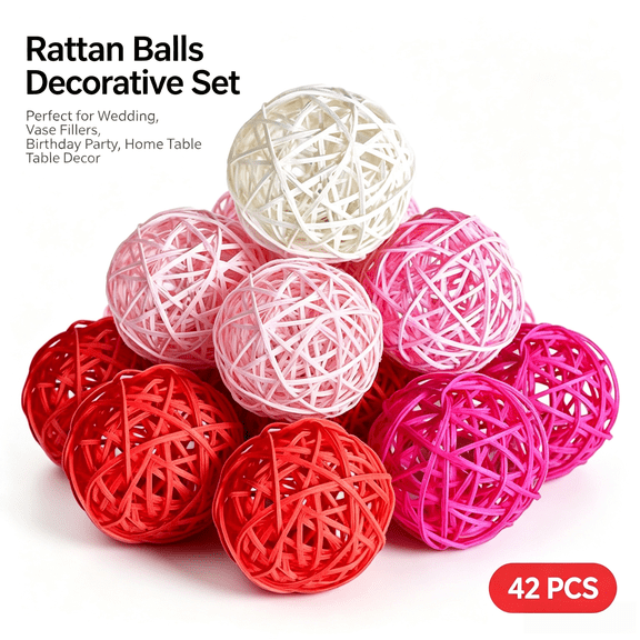 Vruelia 42PCS Wicker Rattan Balls, Pink Rattan Balls Bowl Fillers Vase Fillers for Wedding for Birthday Party Home Table Decor