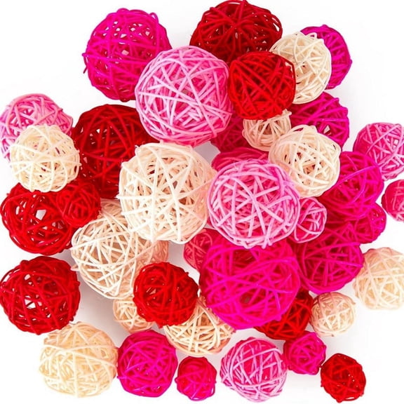 Vruelia 42PCS Wicker Rattan Balls, Pink Rattan Balls Bowl Fillers Vase Fillers for Wedding for Birthday Party Home Table Decor