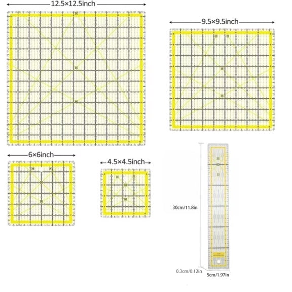 Vruelia 5 Pack Acrylic Quilting Ruler, Square Quilter Ruler Fabric Cutting Clear Mark