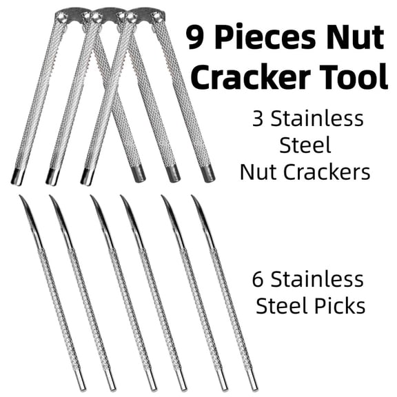 Vruelia 9 Pieces Nut Cracker Tool with 3 Nut Crackers and 6 Picks Stainless Steel Nutcracker Metal Shell Cracker for Seafood Nuts