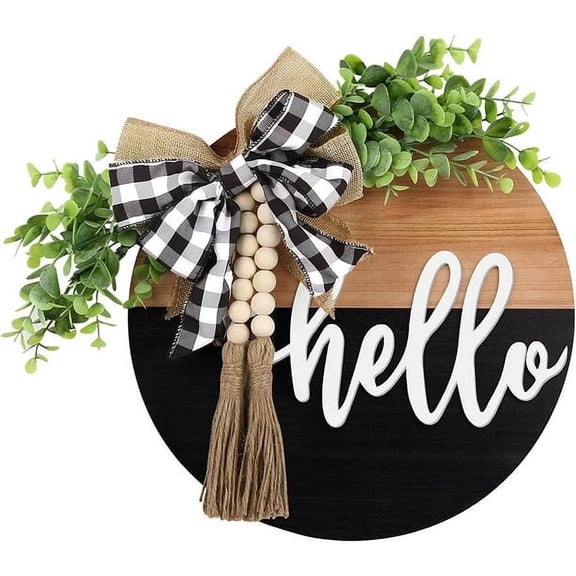 Vruelia Door Sign - Round Welcome Sign for Front Door, Welcome Wreath Sign Hanging Farmhouse Door Sign for Front Door Porch Decor with Eucalyptus Bow Beads for Home Decoration Housewarming Gift