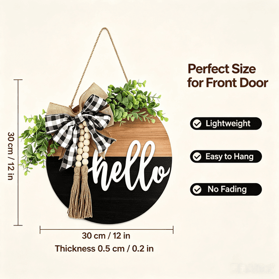 Vruelia Door Sign - Round Welcome Sign for Front Door, Welcome Wreath Sign Hanging Farmhouse Door Sign for Front Door Porch Decor with Eucalyptus Bow Beads for Home Decoration Housewarming Gift