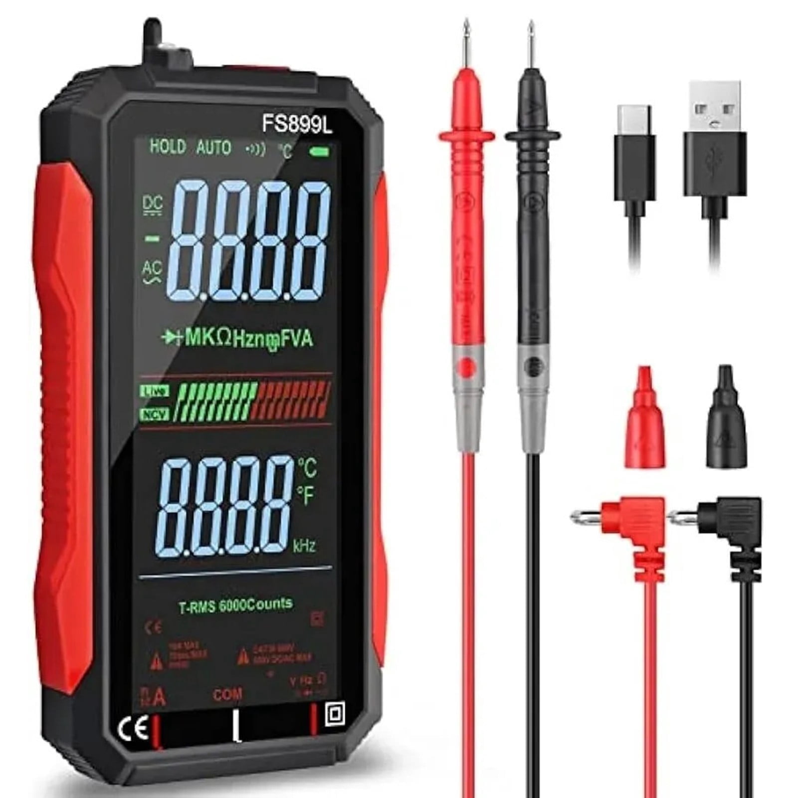 Vruelia Fs899L Smart Digital Multimeter Usb Rechargeable Current Meter With 6000 Counts