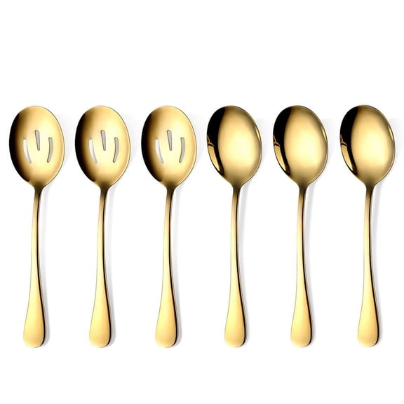 Vruelia Gold Serving Spoons 6 Pieces, Stainless Steel Utensils with Mirror Polished,3 Spoon and 3 Slotted