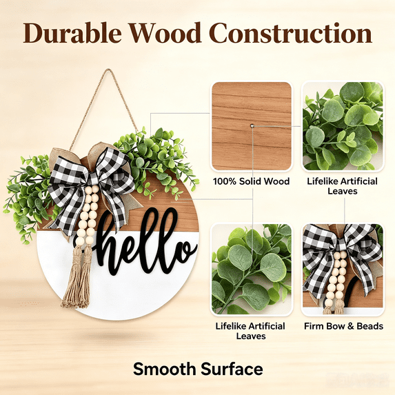Vruelia Hello Door Sign - Round Welcome Sign for Front Door, Welcome Wreath Sign Hanging Farmhouse Door Sign for Front Door Porch Decor