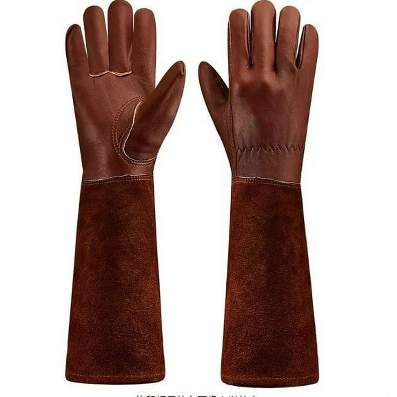 Vruelia Long-Gardening-Gloves for Women/Men - Thorn Proof Cowhide Leather Rose/Blackberry Pruning Heavy Duty Gloves Thick Palm Gauntlet Garden Work Gloves with Forearm Protection (Brown-Large)