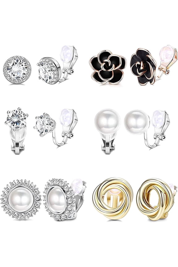 Rose Flower Freshwater Pearl Pierced Clip On Earrings Jewelry, 6 Pairs