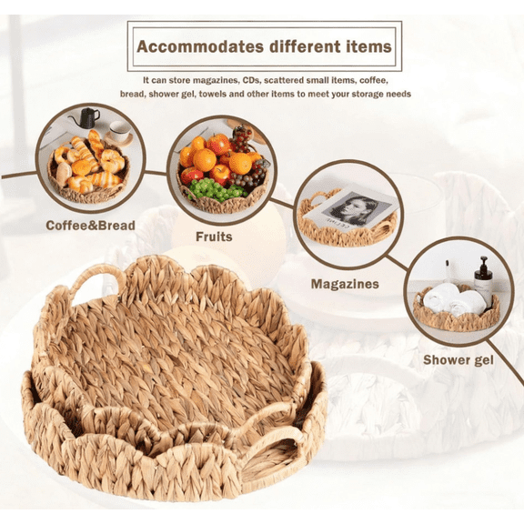 Vruelia Scalloped Edge Round Tray, Serving Tray with Built-in Handles, Decoratve for Coffee Table, Rattan