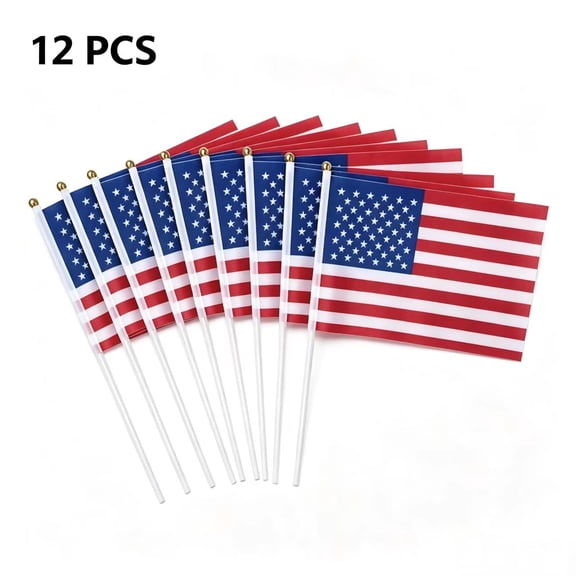 Vruelia USA United States Mini Flag 12 Pack - Hand Held Small Miniature American US Flags on Stick - 5x8 Inch with Solid Pole & Spear Top