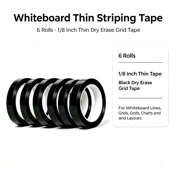 Vruelia Whiteboard Pinstripe Tape 6 Rolls 1/8Inch Thin White Board Dry Erase Line Gridding Tape (Black)