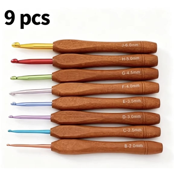 Vruelia Wooden Crochet Hook Set, 9 Piece Bamboo Set Multicolor Aluminum for Yarn 2-6mm