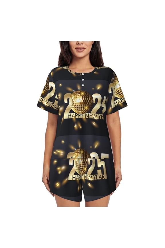 2025 New Year 3 Pattern Women's Pajama Set,Short Sleeve Sleepwear 2 Piece Pjs Lounge Sleepwear Sets-Small