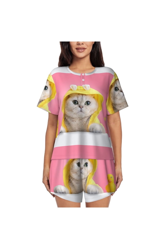 A Funny Cat Pattern Women's Pajama Set,Short Sleeve Sleepwear 2 Piece Pjs Lounge Sleepwear Sets-Medium
