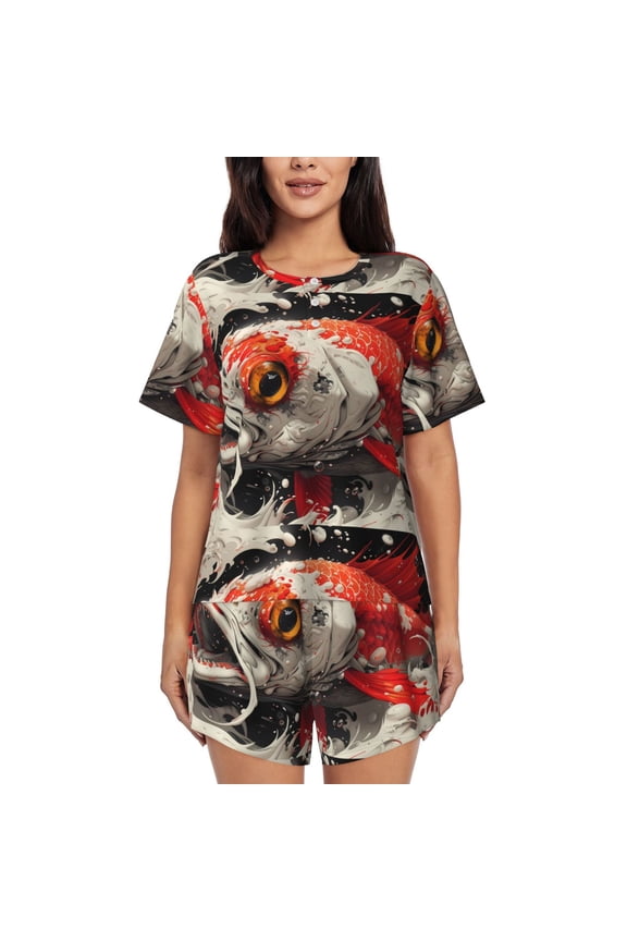 Abstract Red Koi Fish Art Pattern Women's Pajama Set,Short Sleeve Sleepwear 2 Piece Pjs Lounge Sleepwear Sets-X-Large