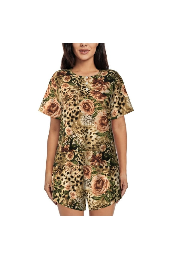 Animal Leopard Pattern Women's Pajama Set,Short Sleeve Sleepwear 2 Piece Pjs Lounge Sleepwear Sets-Large