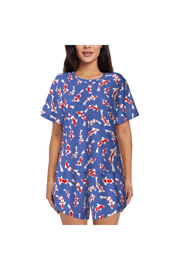 Beautiful Koi Fish Pattern Women's Pajama Set,Short Sleeve Sleepwear 2 Piece Pjs Lounge Sleepwear Sets-Medium