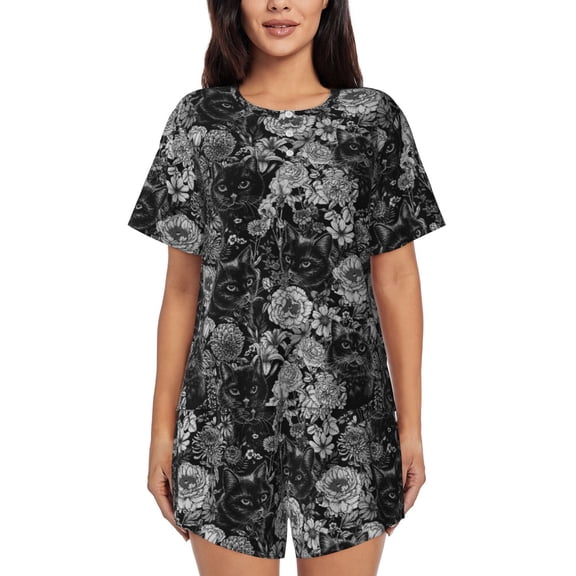 Vsdghe Black Cats In A Garden Pattern Women's Pajama Set,Short Sleeve Sleepwear 2 Piece Pjs Lounge Sleepwear Sets-Medium