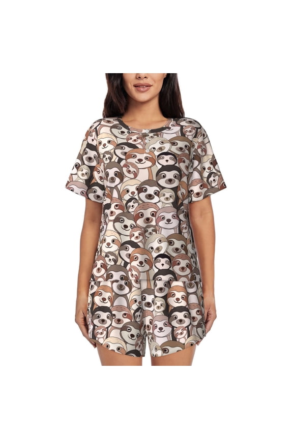 Brown Sloth Pattern Women's Pajama Set,Short Sleeve Sleepwear 2 Piece Pjs Lounge Sleepwear Sets-4X-Large