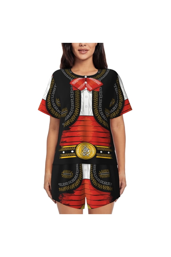 CHARRO SUIT Pattern Women's Pajama Set,Short Sleeve Sleepwear 2 Piece Pjs Lounge Sleepwear Sets-Large