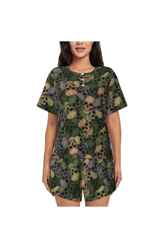 Camouflage Skulls Pattern Women's Pajama Set,Short Sleeve Sleepwear 2 Piece Pjs Lounge Sleepwear Sets-Large