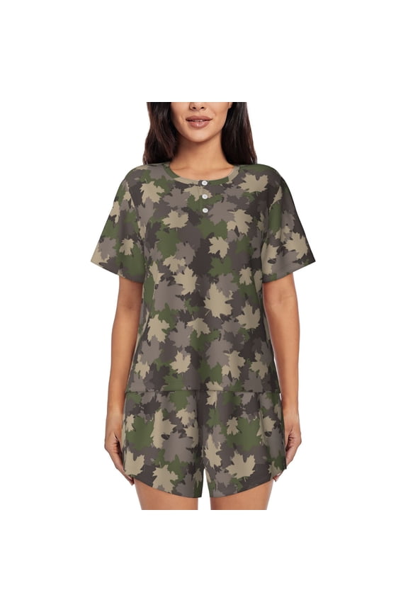 Camouflage maple Pattern Women's Pajama Set,Short Sleeve Sleepwear 2 Piece Pjs Lounge Sleepwear Sets-X-Large