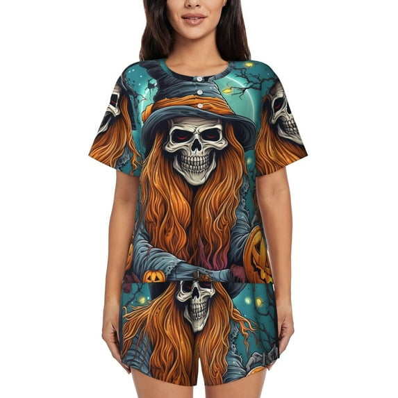 Vsdghe Cartoon Pumpkin Skull Pattern Women's Pajama Set,Short Sleeve Sleepwear 2 Piece Pjs Lounge Sleepwear Sets-X-Large