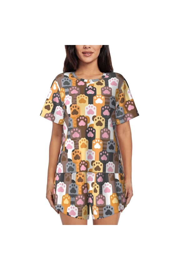 Cat Paw (2) Pattern Women's Pajama Set,Short Sleeve Sleepwear 2 Piece Pjs Lounge Sleepwear Sets-Small