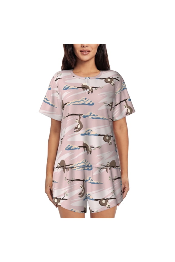 Cloud Sloth Pattern Women's Pajama Set,Short Sleeve Sleepwear 2 Piece Pjs Lounge Sleepwear Sets-Large