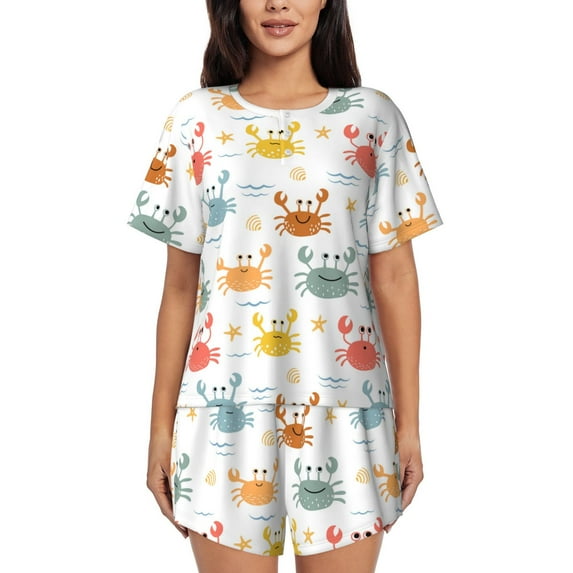Vsdghe Colorful Crabs Pattern Women's Pajama Set,Short Sleeve Sleepwear 2 Piece Pjs Lounge Sleepwear Sets-X-Large